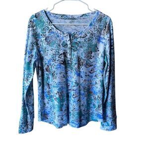 Allyson Whitmore Floral Blouse Large Sky-Blue Stretch Pullover Button Womens